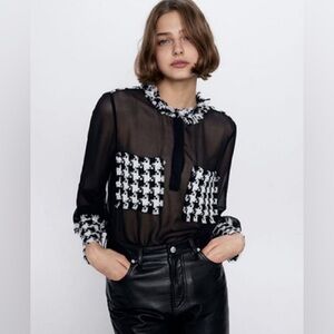 Zara Black and White Sheer Blouse